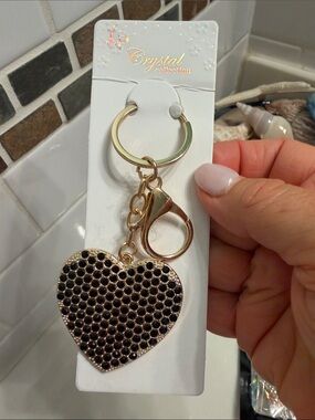 Gold Heart Keychain with Black Crystal Accent